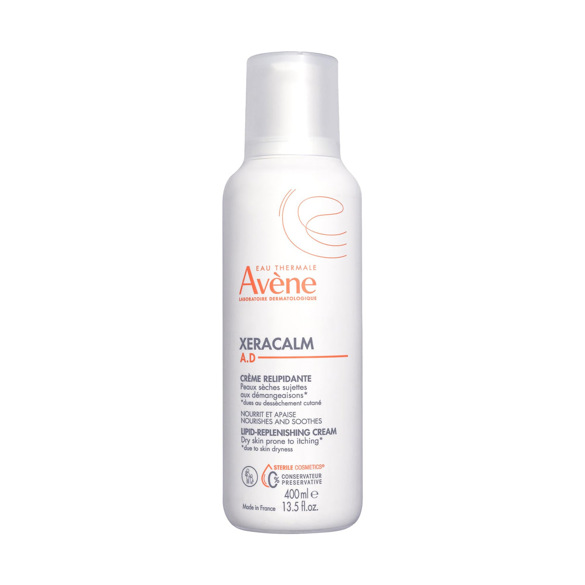 Avène XeraCalm A.D pump front view showing packaging and soothing benefit