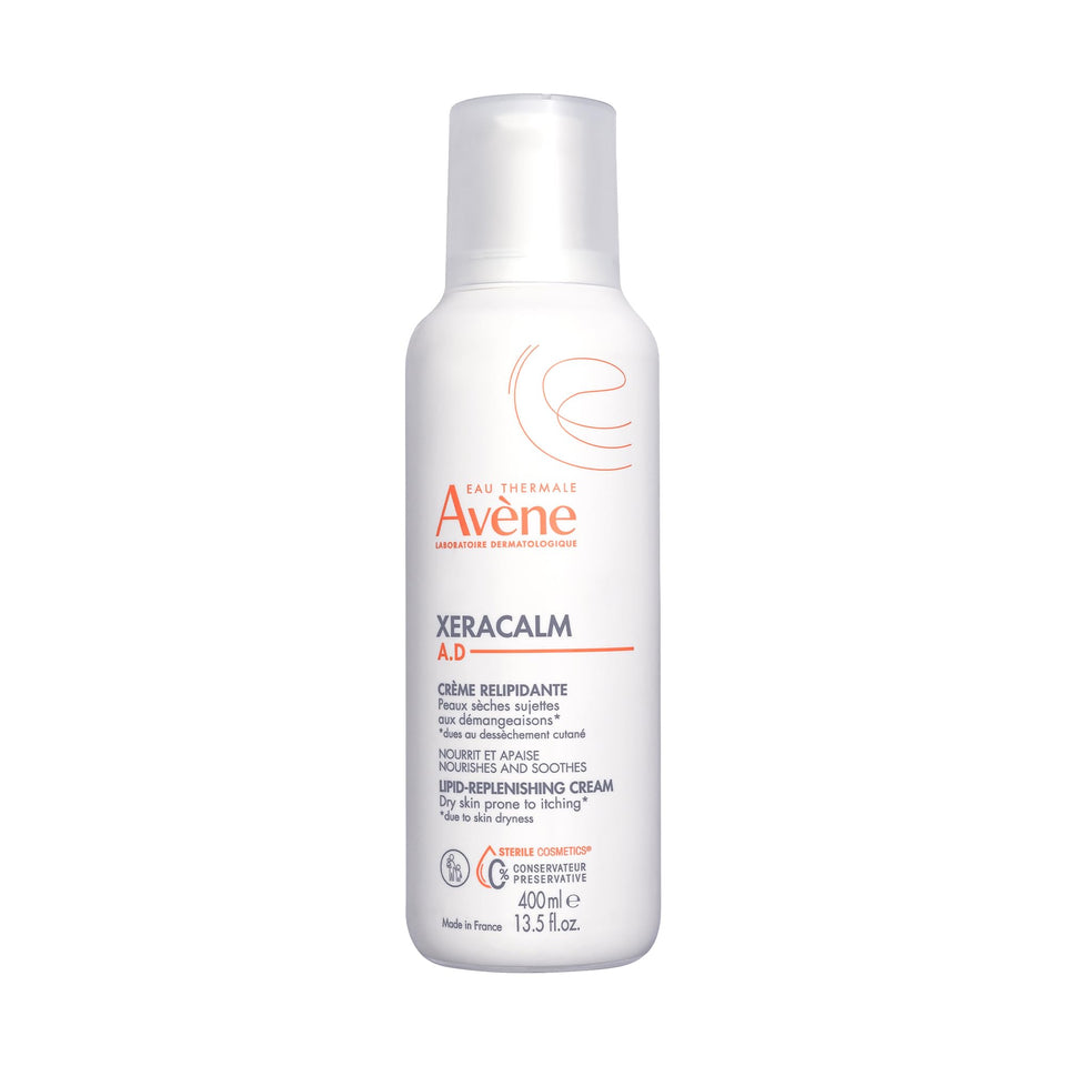 Avène XeraCalm A.D pump front view showing packaging and soothing benefit