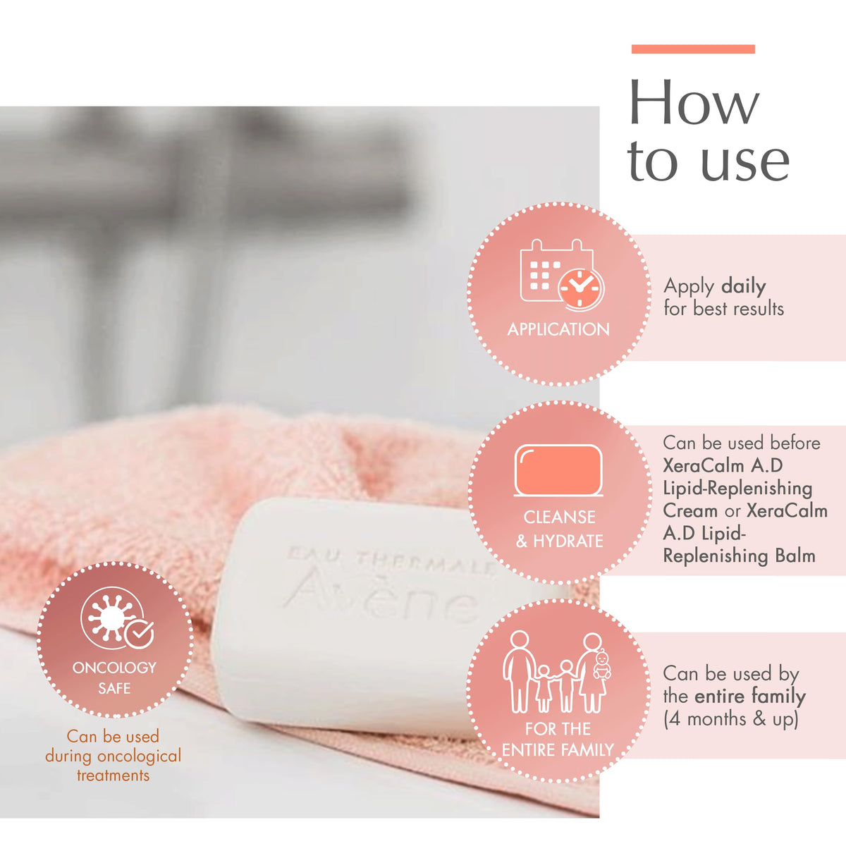 Avène cleansing bar held in hand showing 100 g size and travel-friendly benefit