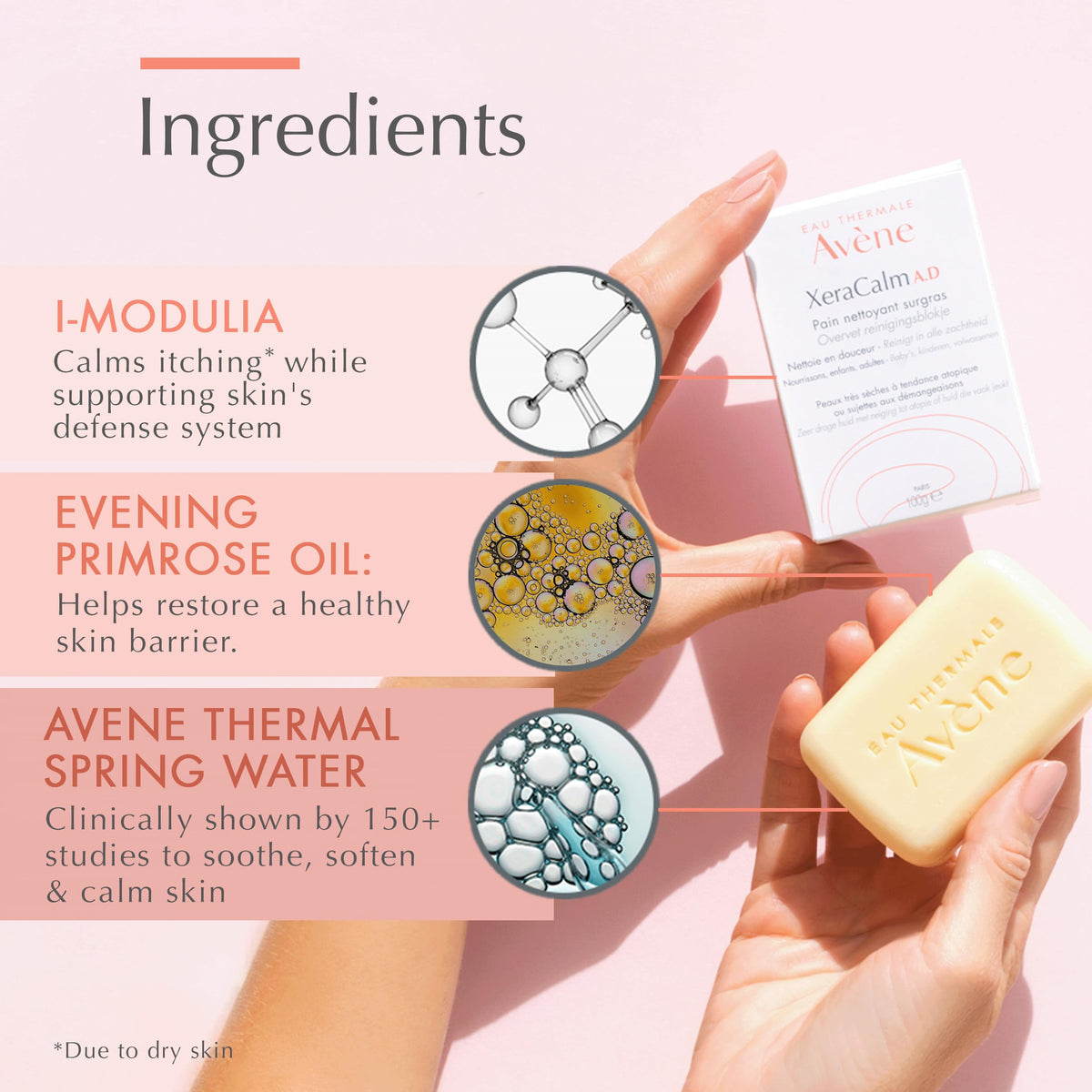 Avène cleansing bar with Avène Thermal Spring Water emphasizing calming property