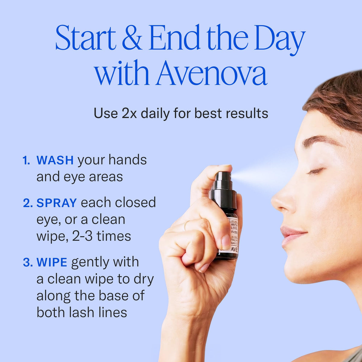 Avenova bottle on bathroom counter illustrating daily routine convenience