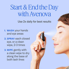 Avenova bottle on bathroom counter illustrating daily routine convenience