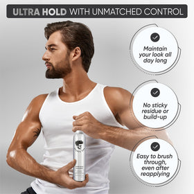 Avenue Man being sprayed on finished hairstyle delivering long-lasting hold benefit