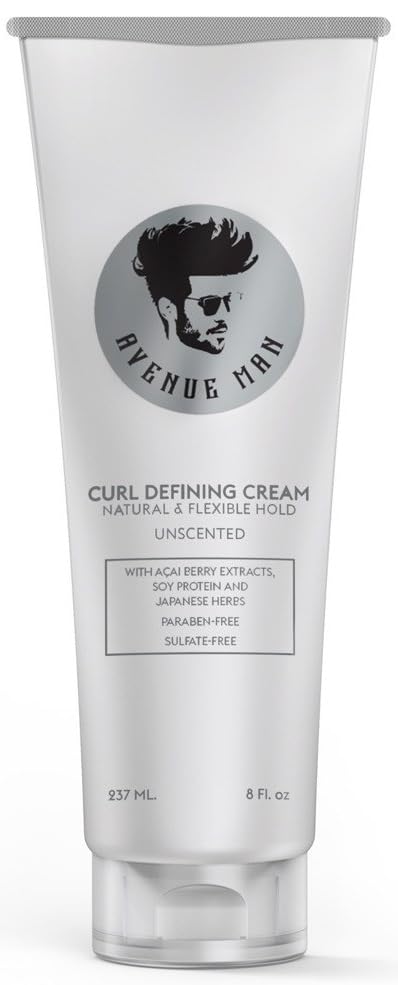 Avenue Man front packaging showing unscented curl cream benefit of firm curl hold