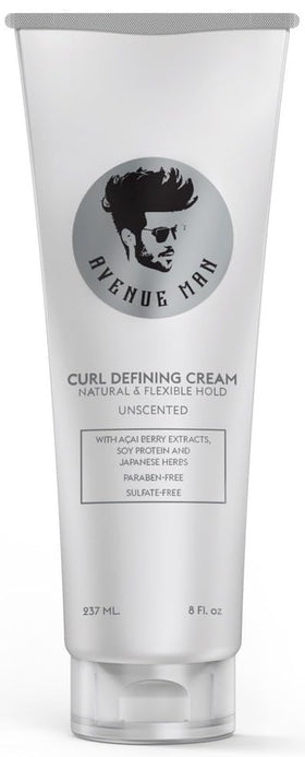 Avenue Man front packaging showing unscented curl cream benefit of firm curl hold