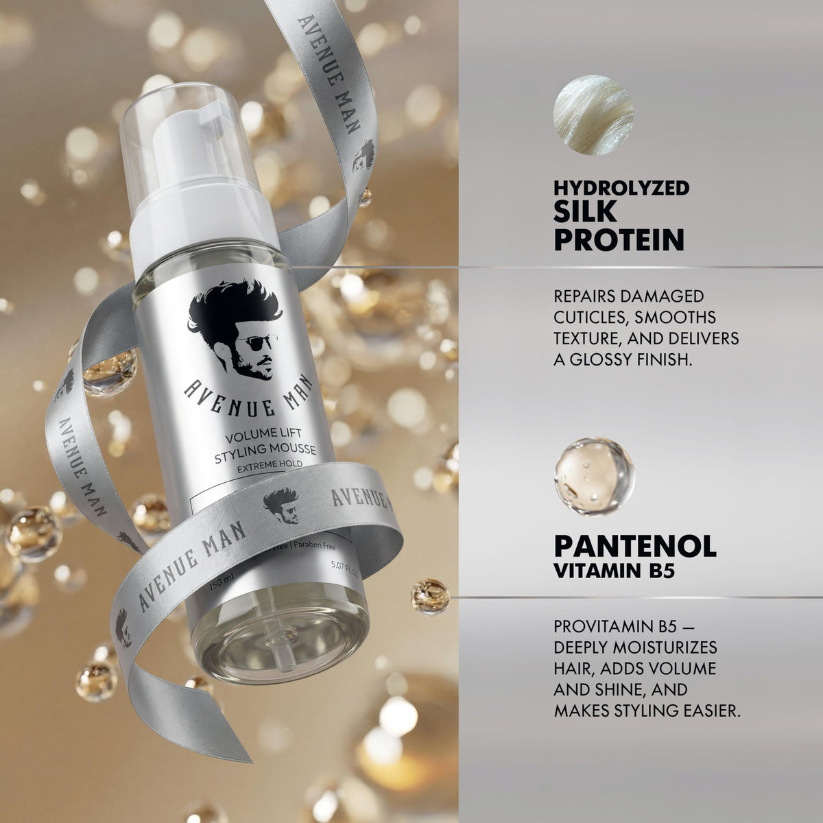 Avenue Man label with Argan Oil, silk protein and Vitamin E benefits