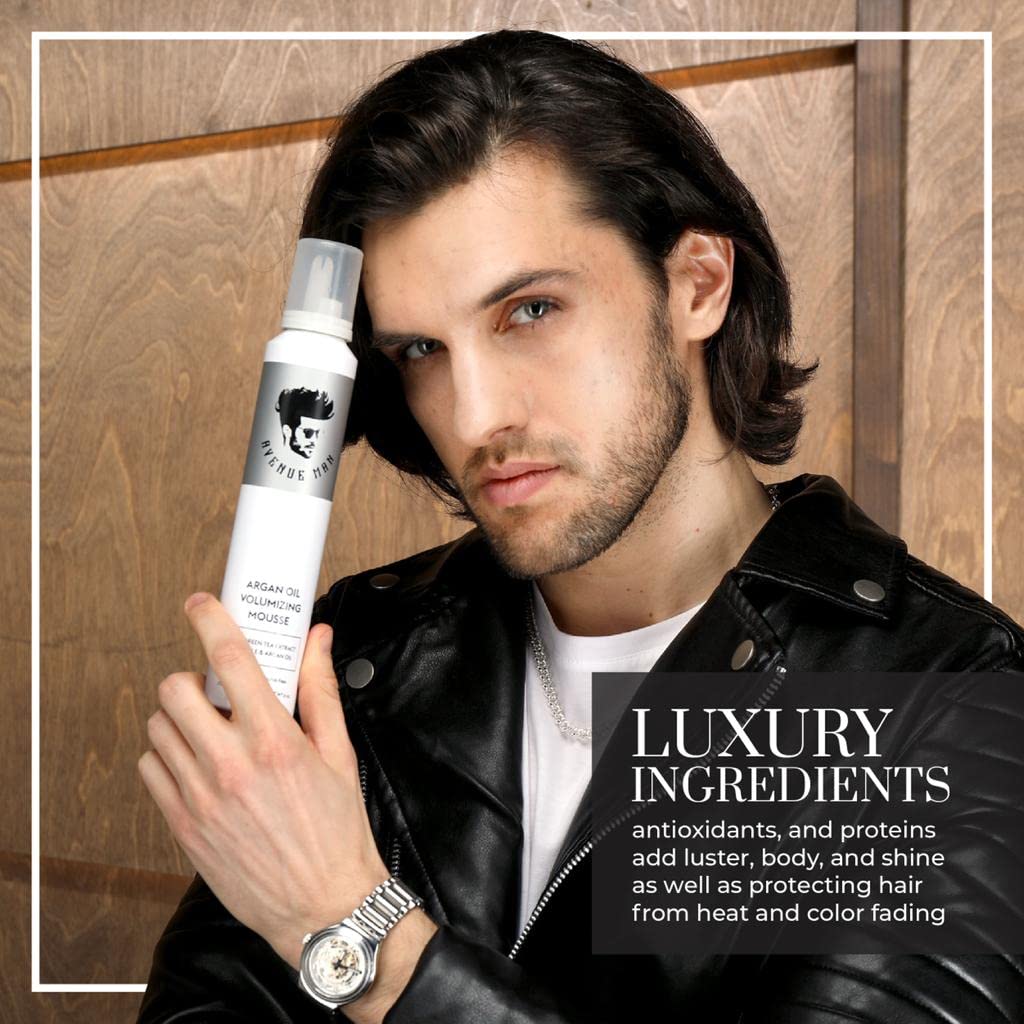 Avenue Man mousse on bathroom shelf suggesting daily grooming convenience
