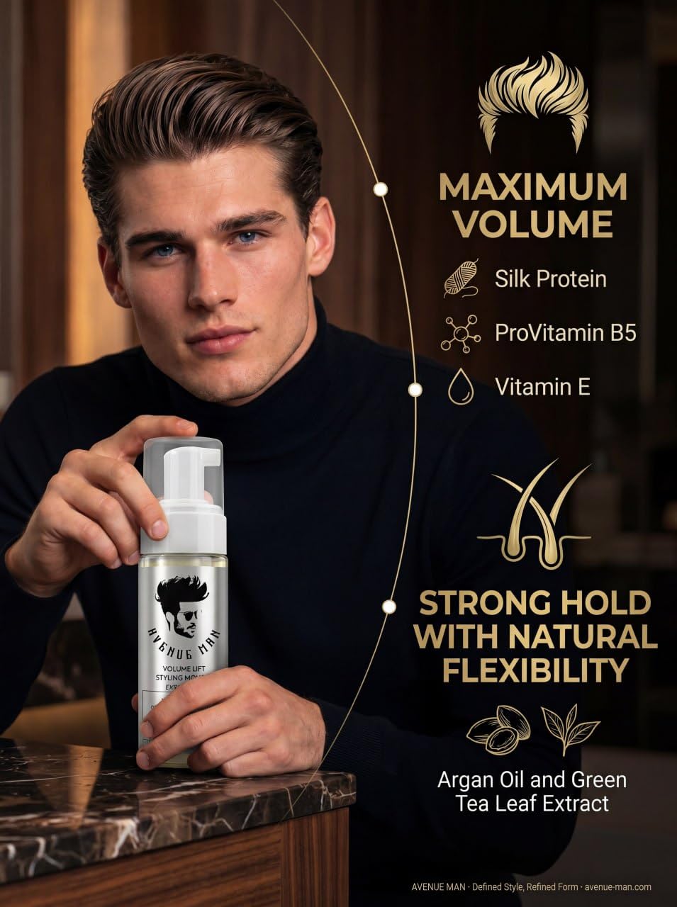 Avenue Man mousse in hand ready to apply for root lift and thickness