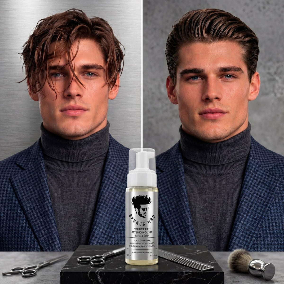 Avenue Man packaging backside with usage directions and product features