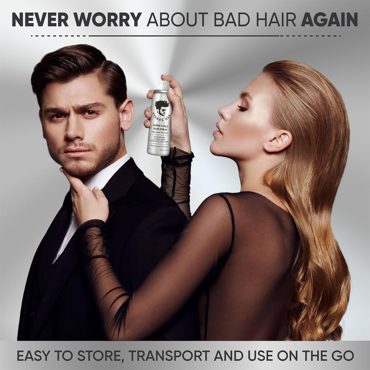 Avenue Man hairspray being applied to styled hair for instant hold and frizz control