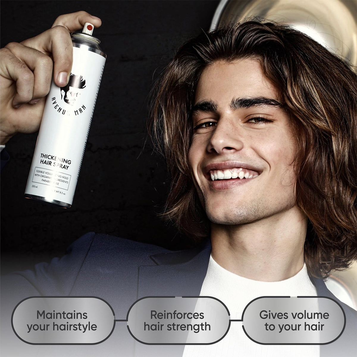 Avenue Man in-use spraying roots to lift hair for instant volume