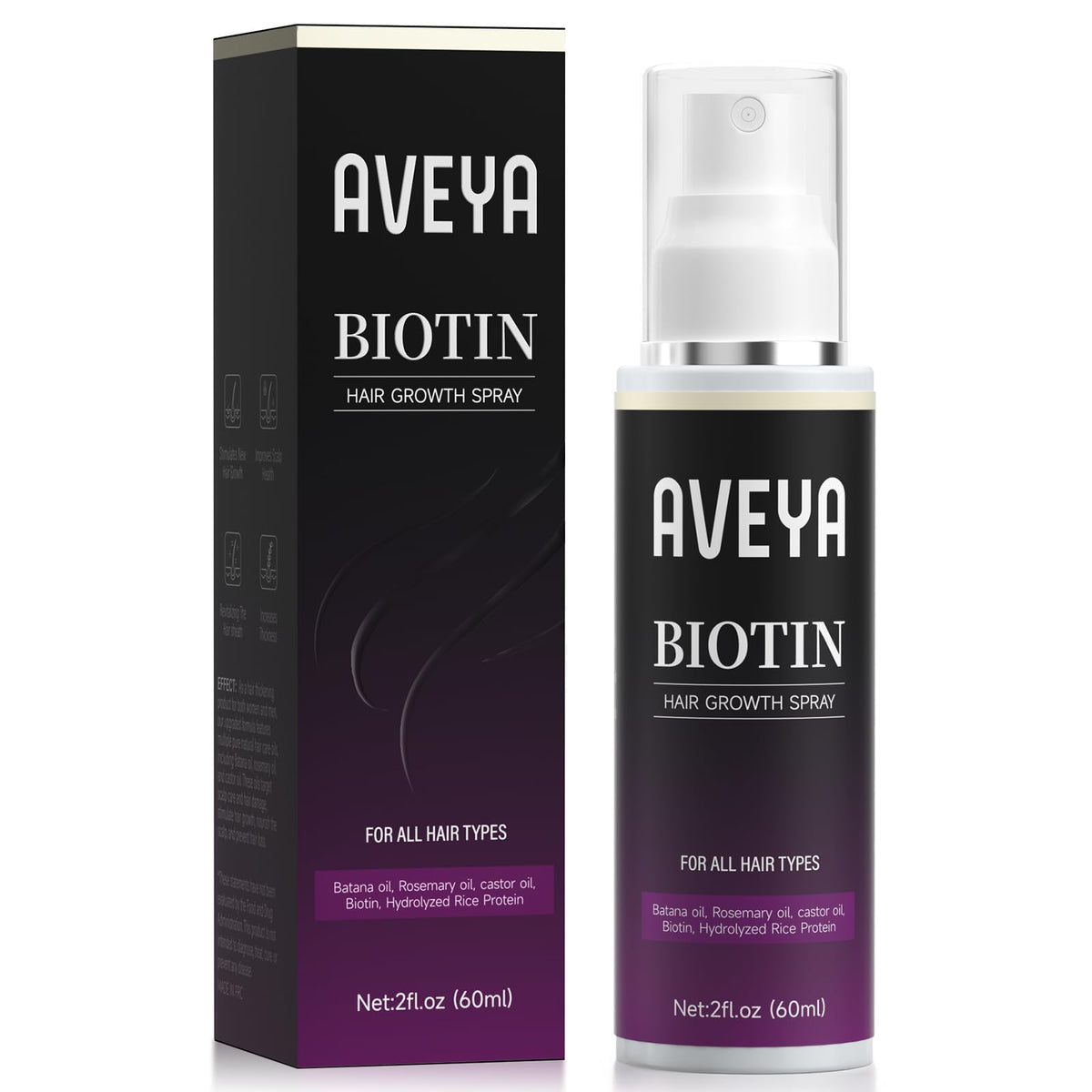 AVEYA front packaging showing 60ml bottle and clear branding, highlights convenience