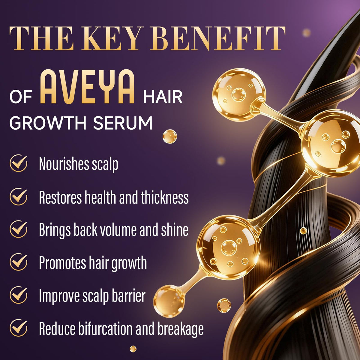 AVEYA label close-up displaying ingredients list and blend of rosemary and biotin benefits
