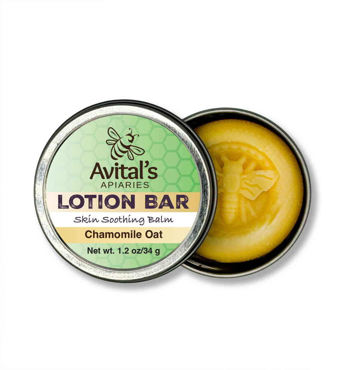 Avital's Apiaries front view of lotion bar showing shape and label, easy-to-use