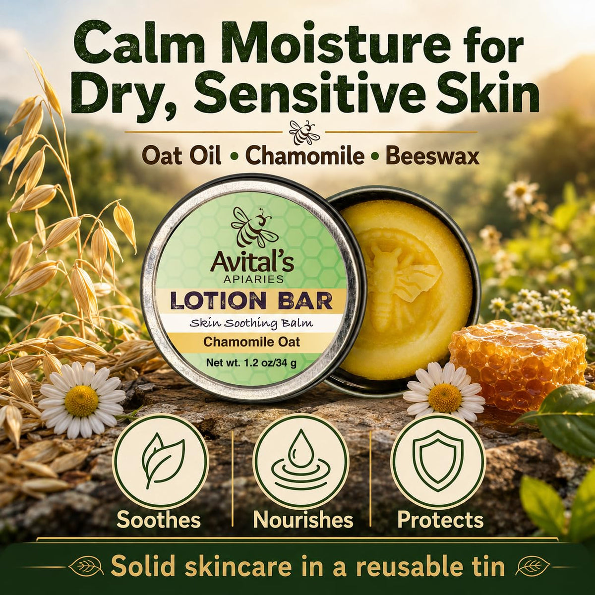 Avital's Apiaries lotion bar in hand demonstrating glide and quick application