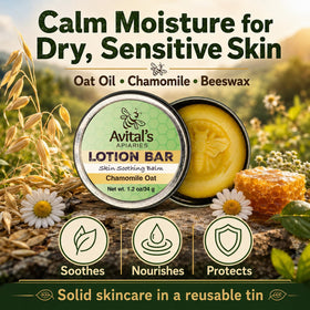 Avital's Apiaries lotion bar in hand demonstrating glide and quick application