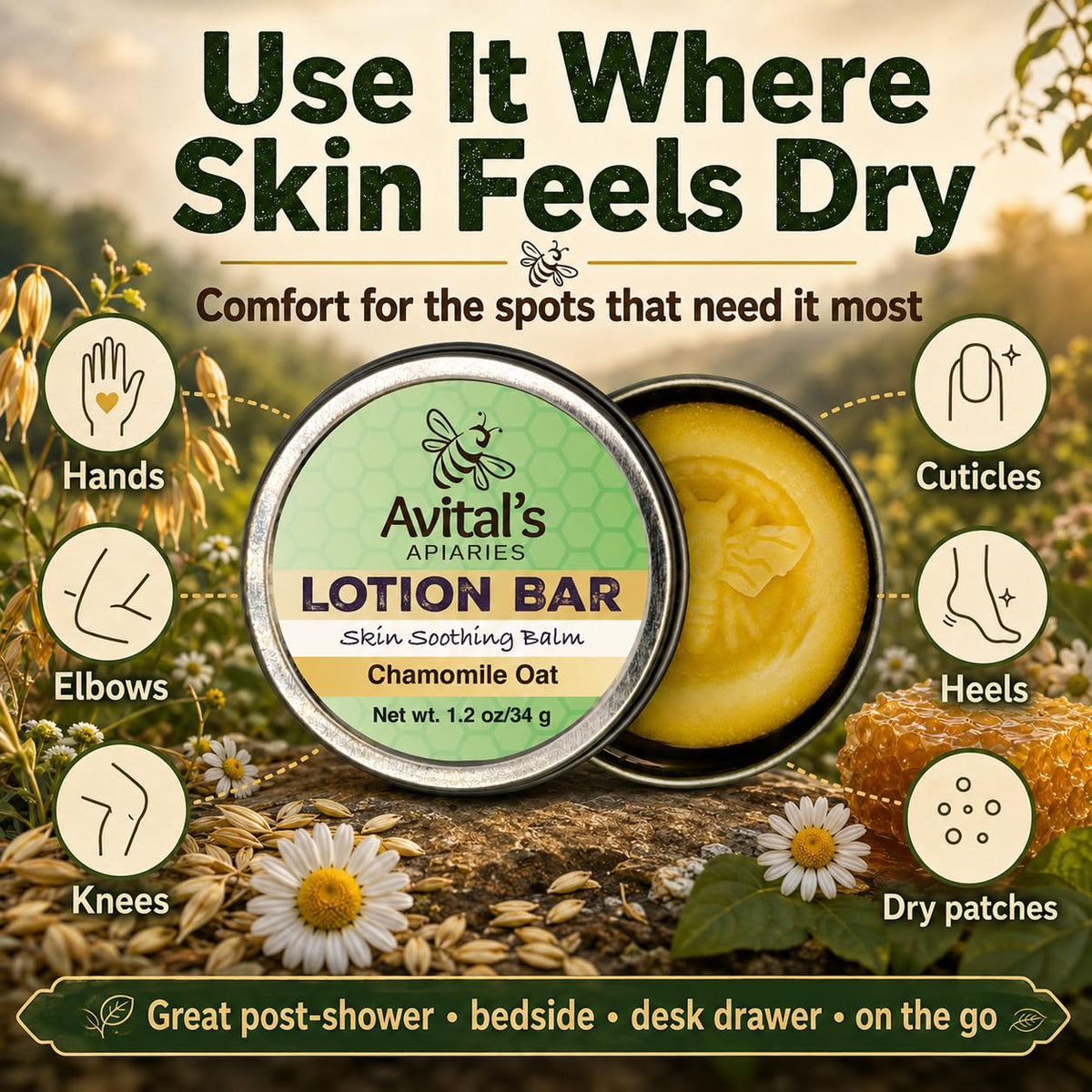Avital's Apiaries lotion bar on bathroom shelf showing sustainable daily use
