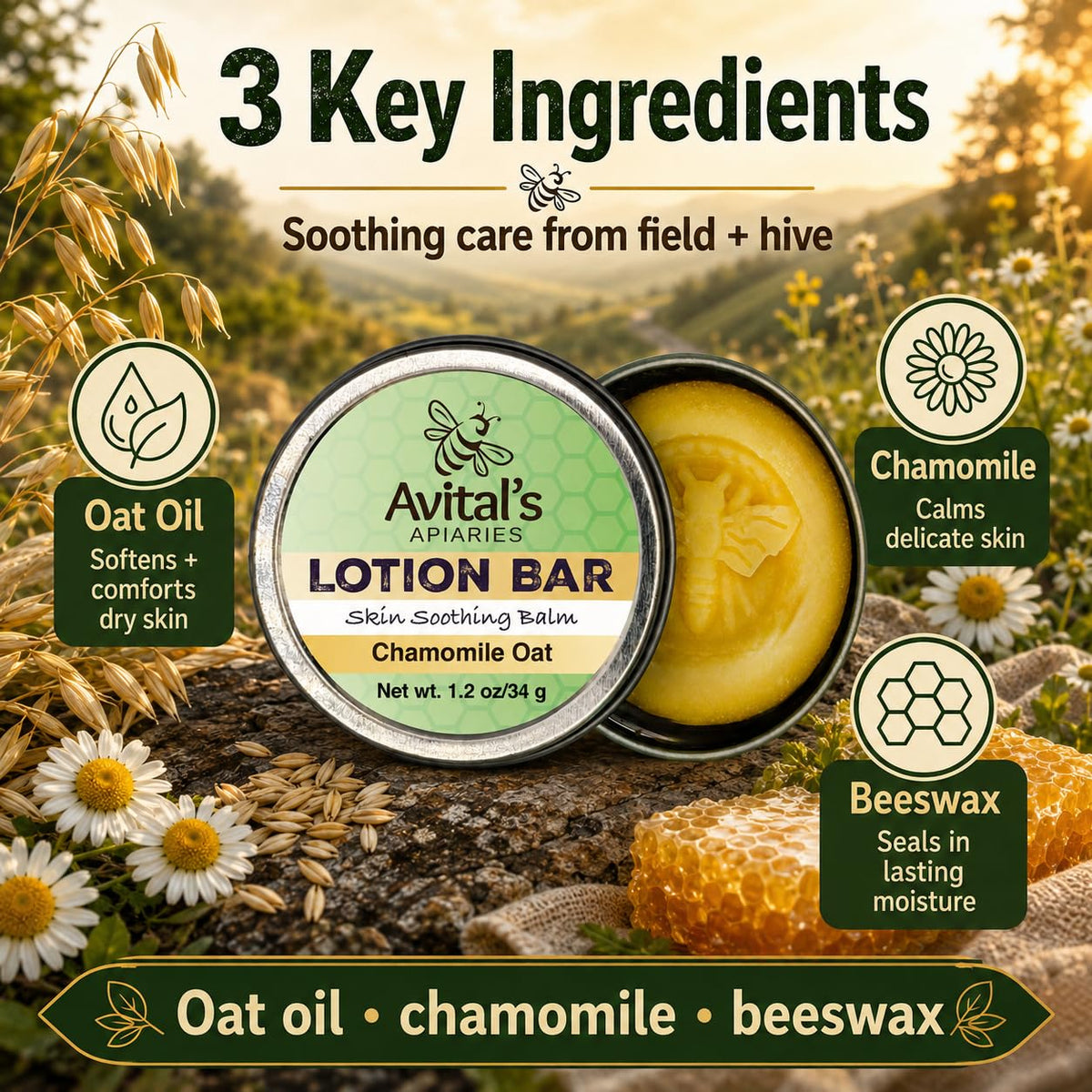 Avital's Apiaries lotion bar beside a business card showing compact travel size