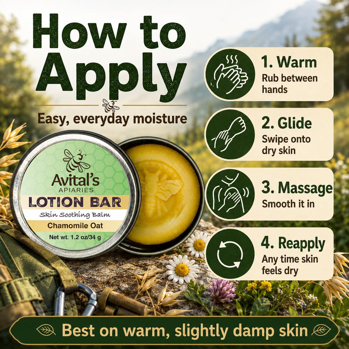 Avital's Apiaries lotion bar next to chamomile and oats showing natural ingredients