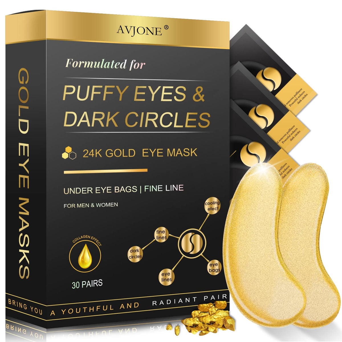 AVJONE jar front view showing 24K gold under eye patches and packaging benefits