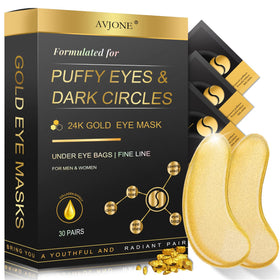 AVJONE jar front view showing 24K gold under eye patches and packaging benefits