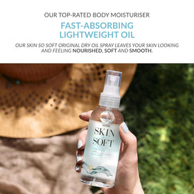AVON SKIN SO SOFT oil texture poured to show lightweight jojoba finish