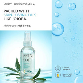 AVON SKIN SO SOFT bottle in hand scale showing convenient travel and storage benefit