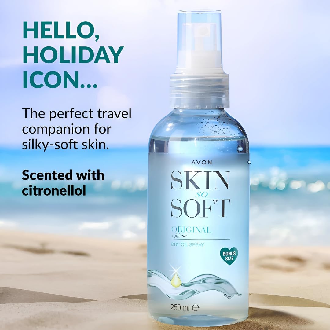 AVON SKIN SO SOFT bottle label detail highlighting jojoba and vitamin E