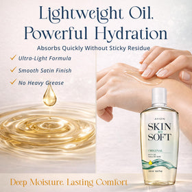 AVON oil dispensed on hand, demonstrates lightweight non-greasy feel