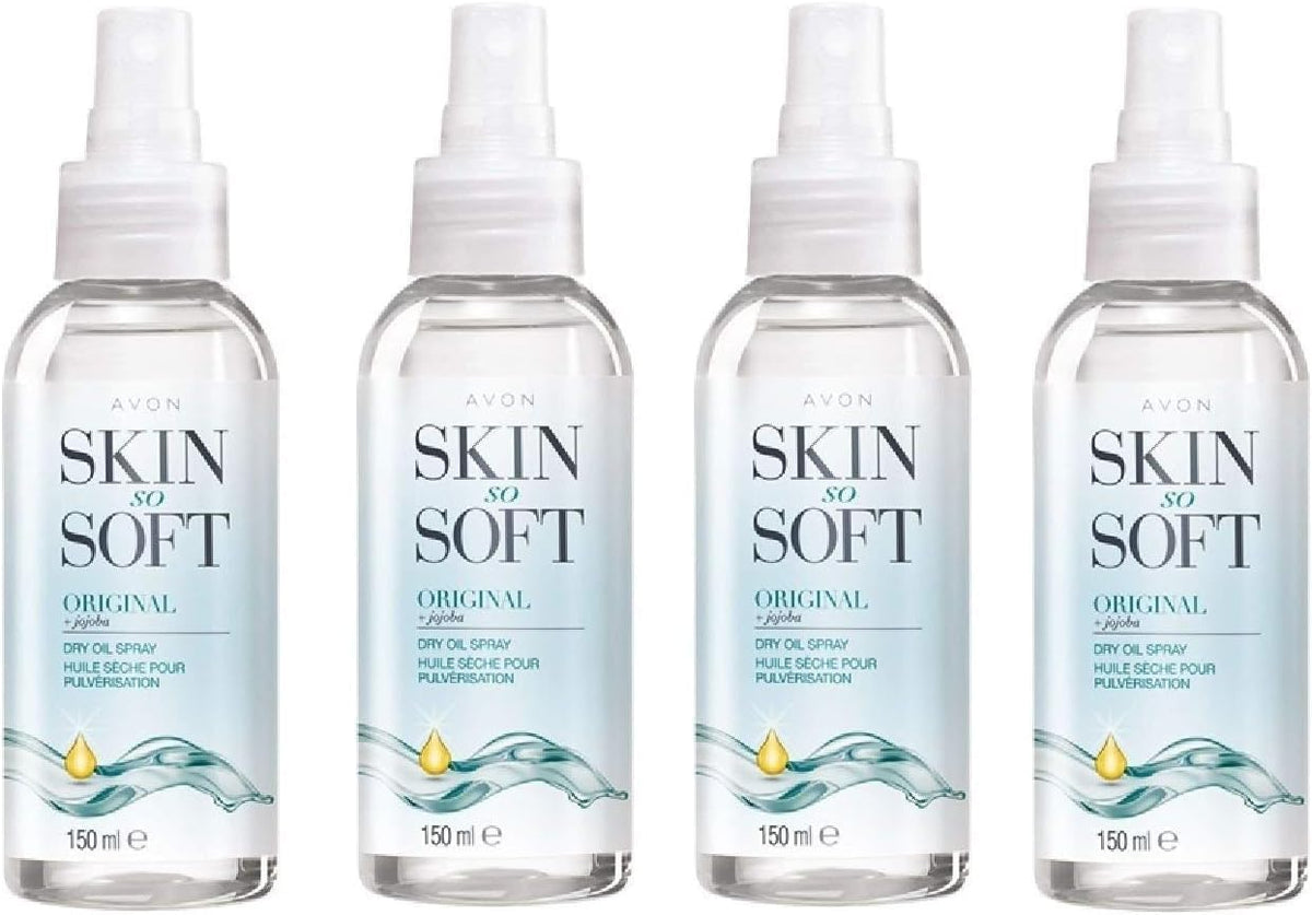 AVON SKIN SO SOFT front packaging showing four 150ml bottles and value pack benefit