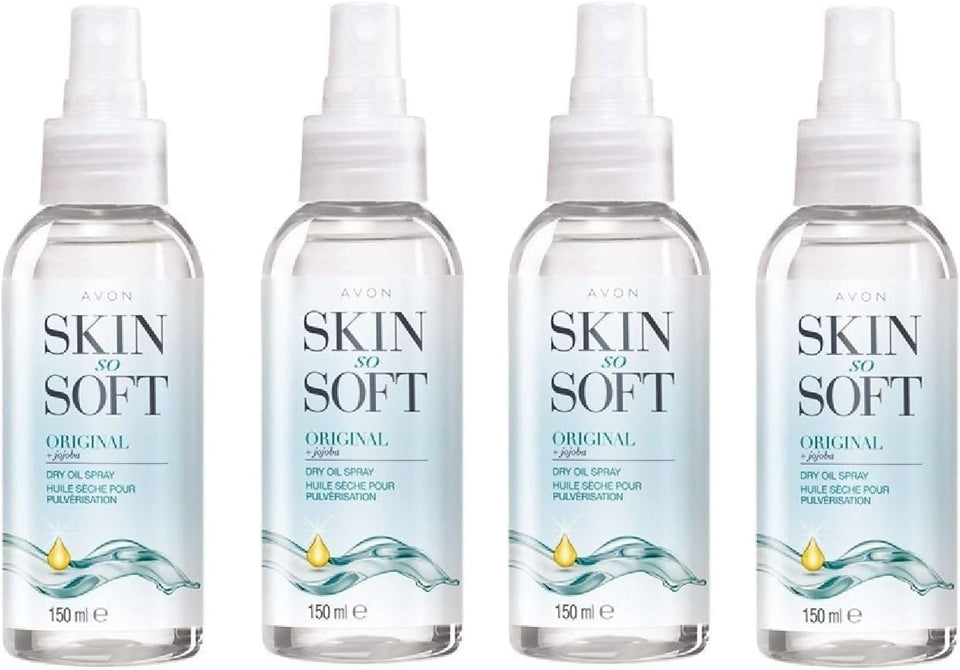 AVON SKIN SO SOFT front packaging showing four 150ml bottles and value pack benefit