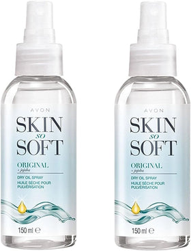 AVON SKIN SO SOFT front packaging showing two 150ml bottles and benefits