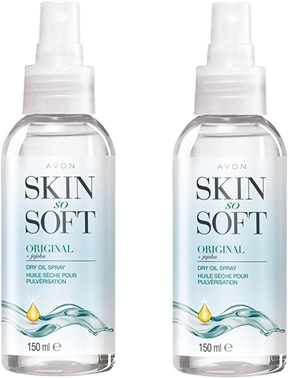AVON SKIN SO SOFT front packaging showing two 150ml bottles and benefits