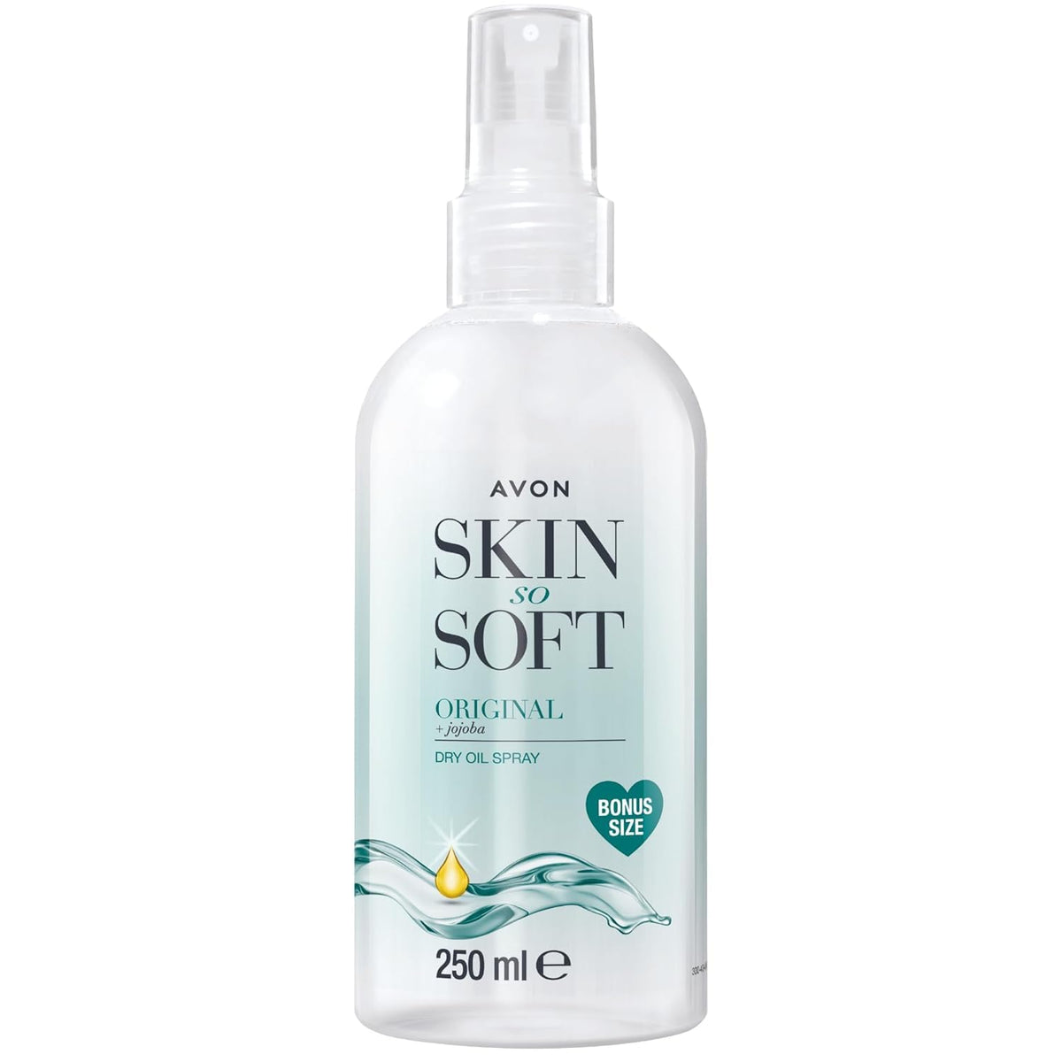 AVON SKIN SO SOFT front packaging showing bottle and label, clear moisture benefits