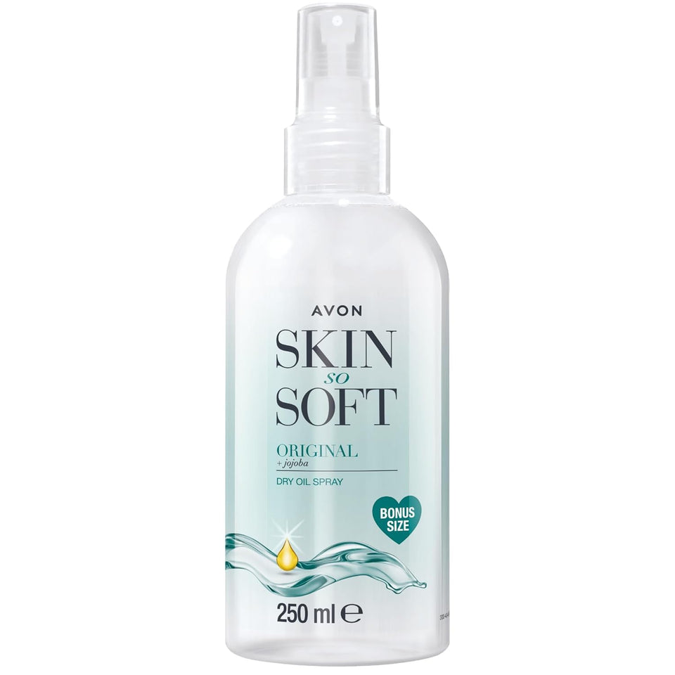 AVON SKIN SO SOFT front packaging showing bottle and label, clear moisture benefits