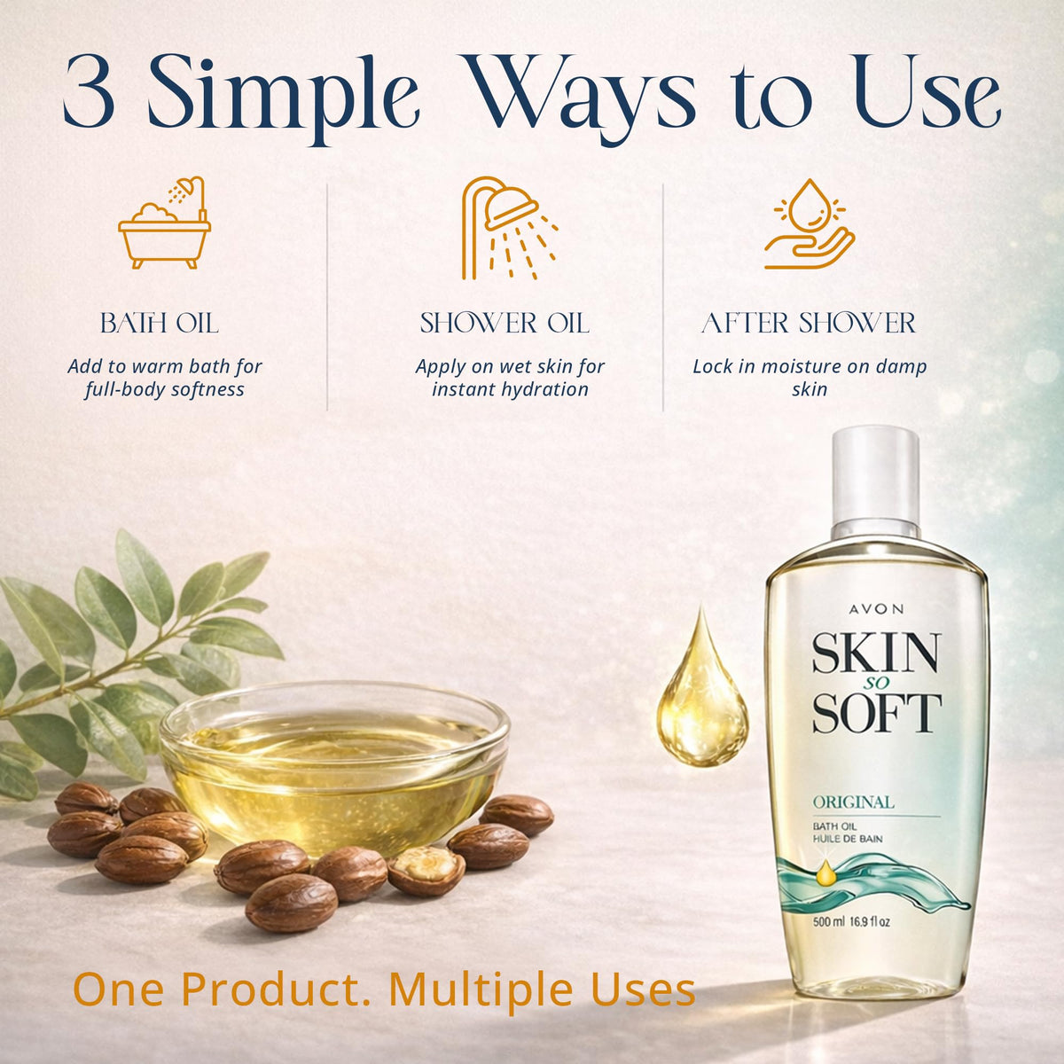AVON bottle beside bathtub, suggests adding a capful for a hydrating soak
