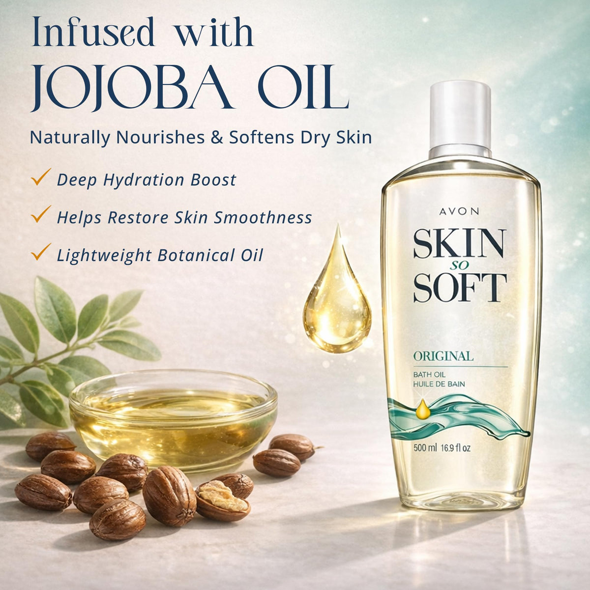 AVON jojoba ingredient close-up, highlights natural moisturizing benefit