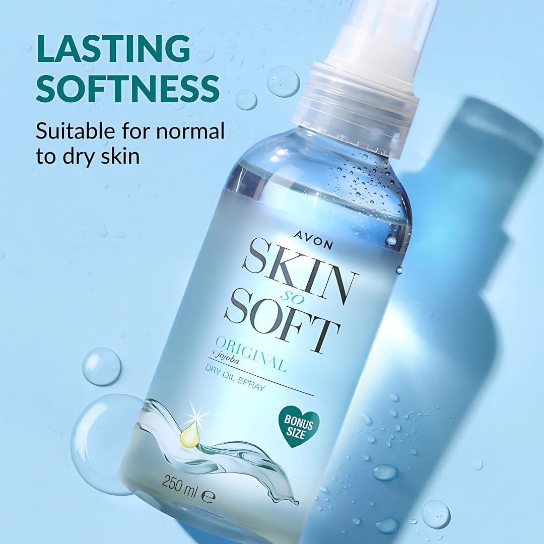 AVON SKIN SO SOFT oil texture pouring to show lightweight absorption