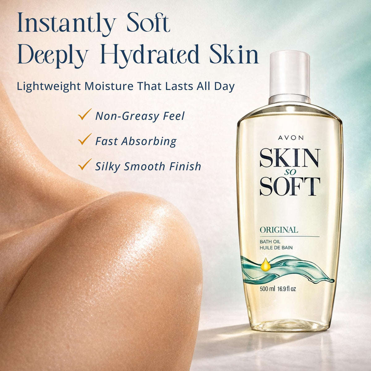 AVON oil pouring from bottle, showing easy application and quick absorption