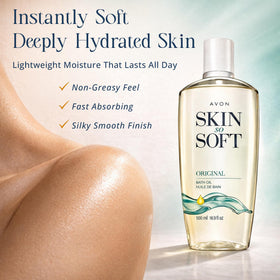 AVON oil pouring from bottle, showing easy application and quick absorption