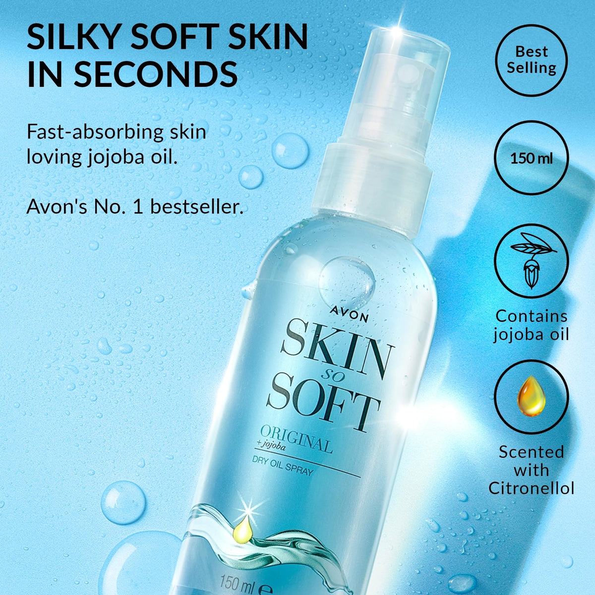 AVON SKIN SO SOFT spray action dispensing lightweight mist for quick application
