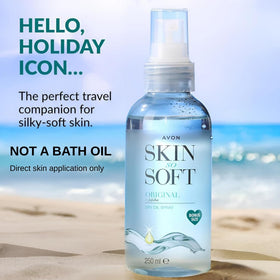 AVON SKIN SO SOFT spray nozzle detail demonstrating even application for quick absorption