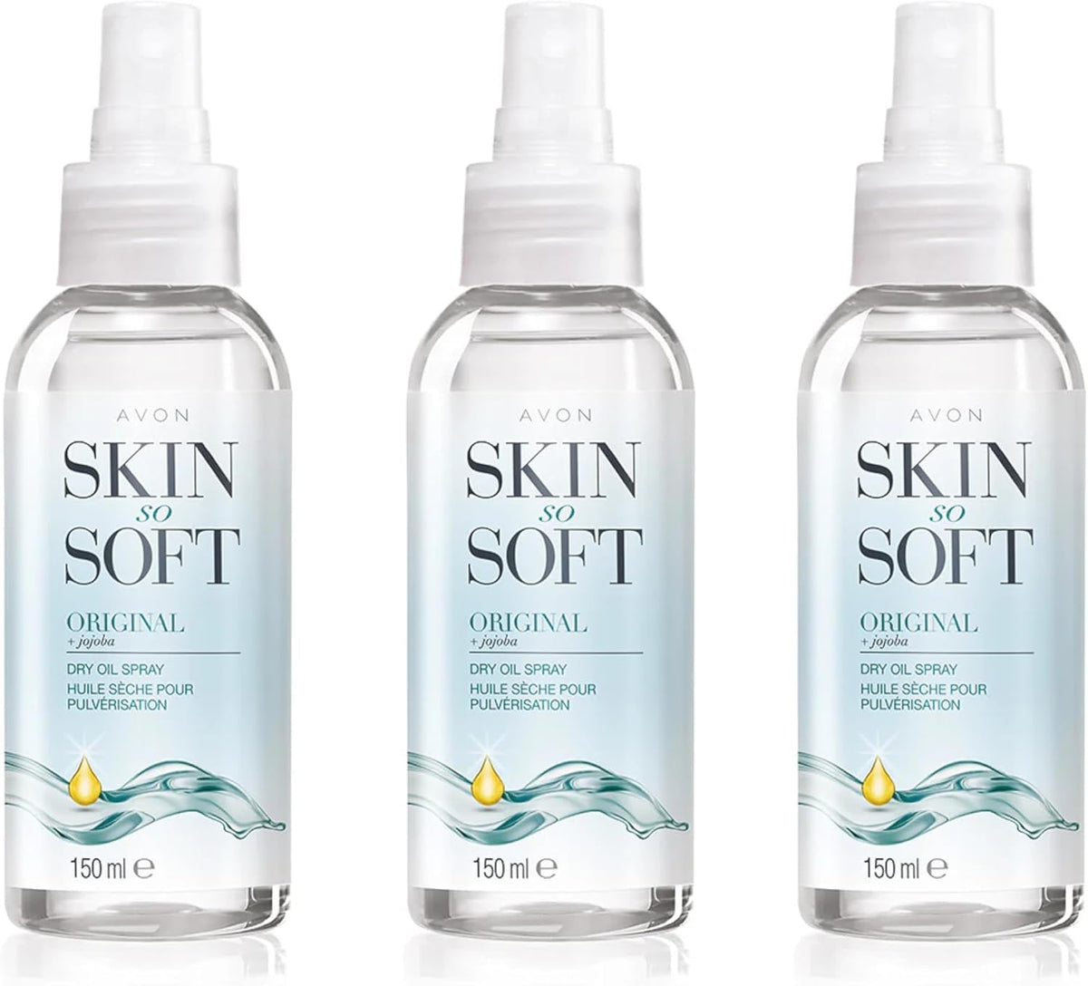 AVON SKIN SO SOFT trio pack boxed arrangement showing three bottles for value and multi-location use