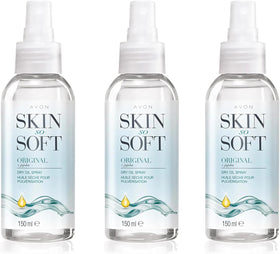 AVON SKIN SO SOFT trio pack boxed arrangement showing three bottles for value and multi-location use