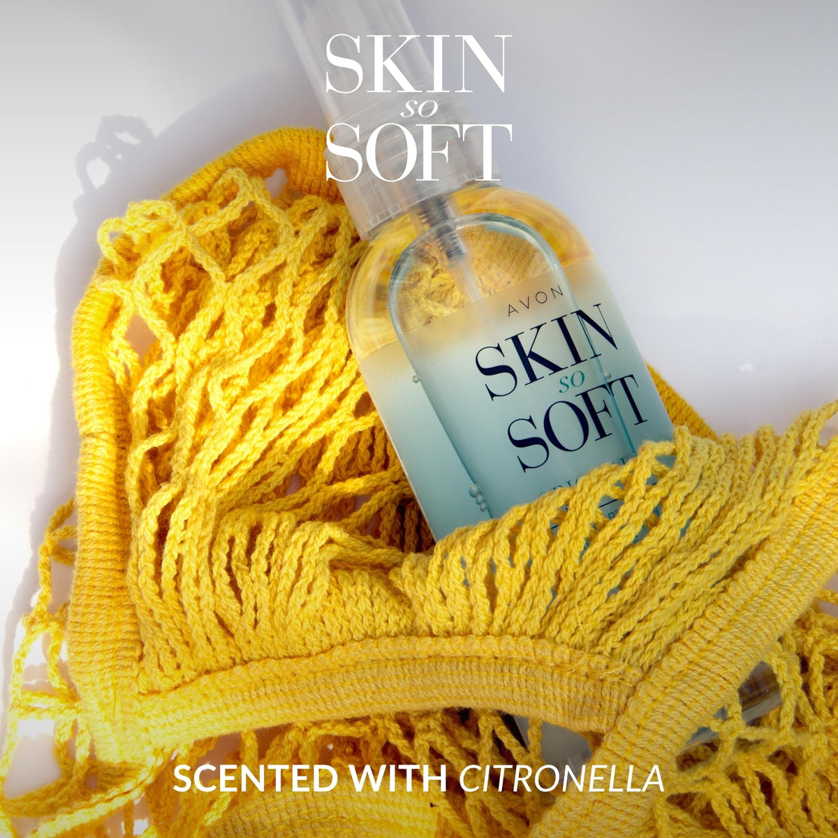 AVON SKIN SO SOFT lifestyle on bathroom vanity ready for post-shower use