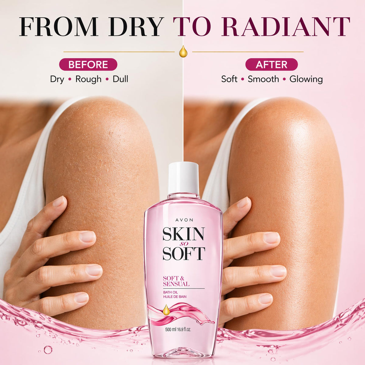 AVON bottle beside bathtub demonstrating bath oil use for soft skin