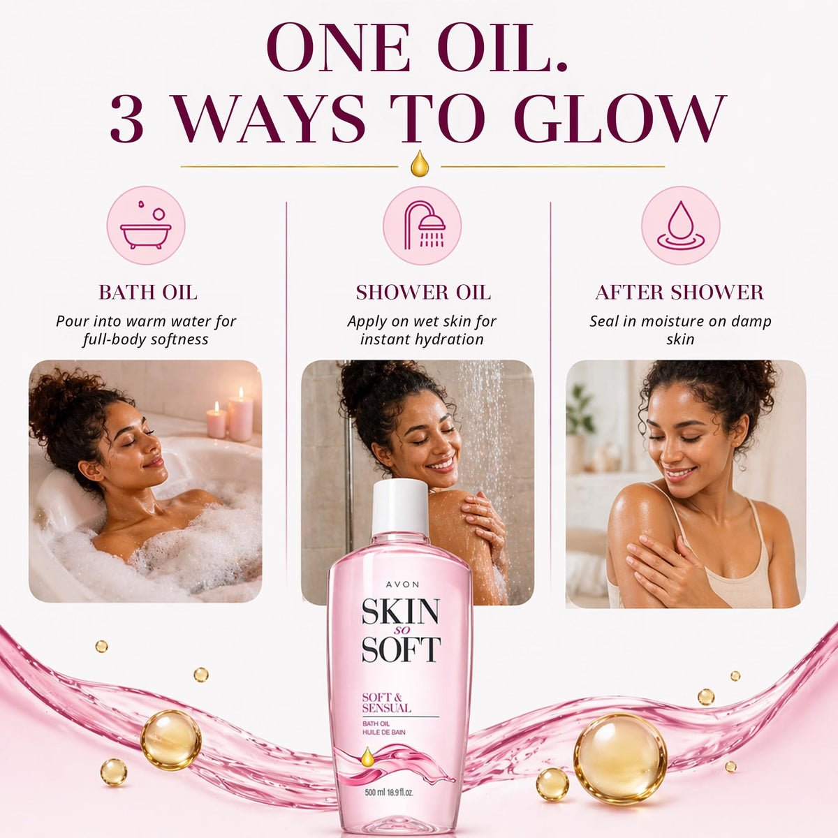 AVON bath oil droplet on skin illustrating quick absorption benefit