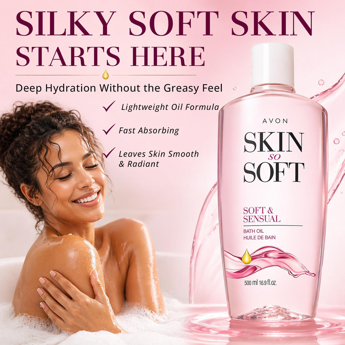 AVON label and pump close-up highlighting ingredients and ease