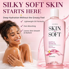 AVON label and pump close-up highlighting ingredients and ease