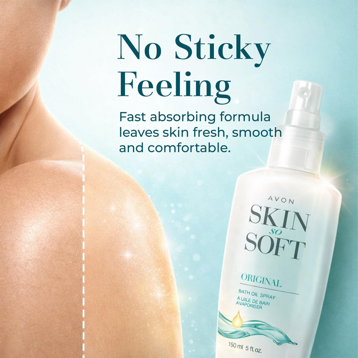 Avon Skin So Soft nozzle spraying fine mist for even, no-mess application